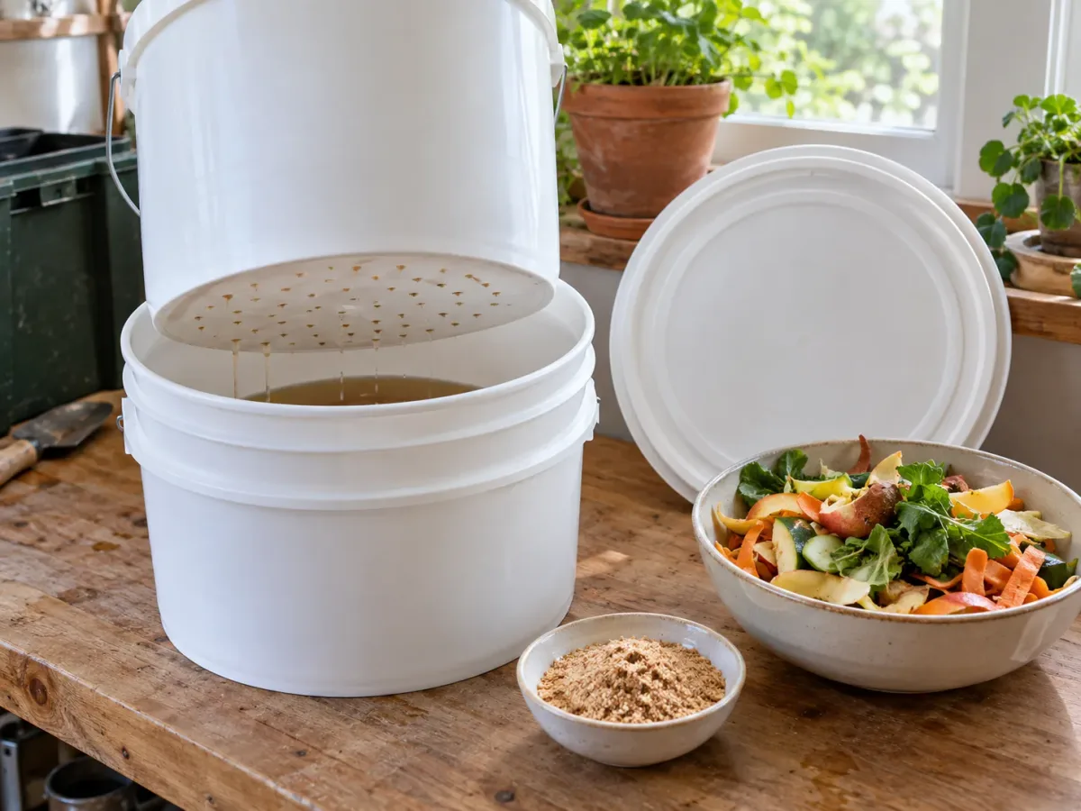 Two clean nested buckets show the perforated inner pail draining into a solid outer bucket beside kitchen scraps and bran