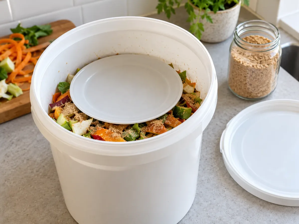 A layer of chopped kitchen scraps dusted with bokashi bran is pressed down inside a clean bucket
