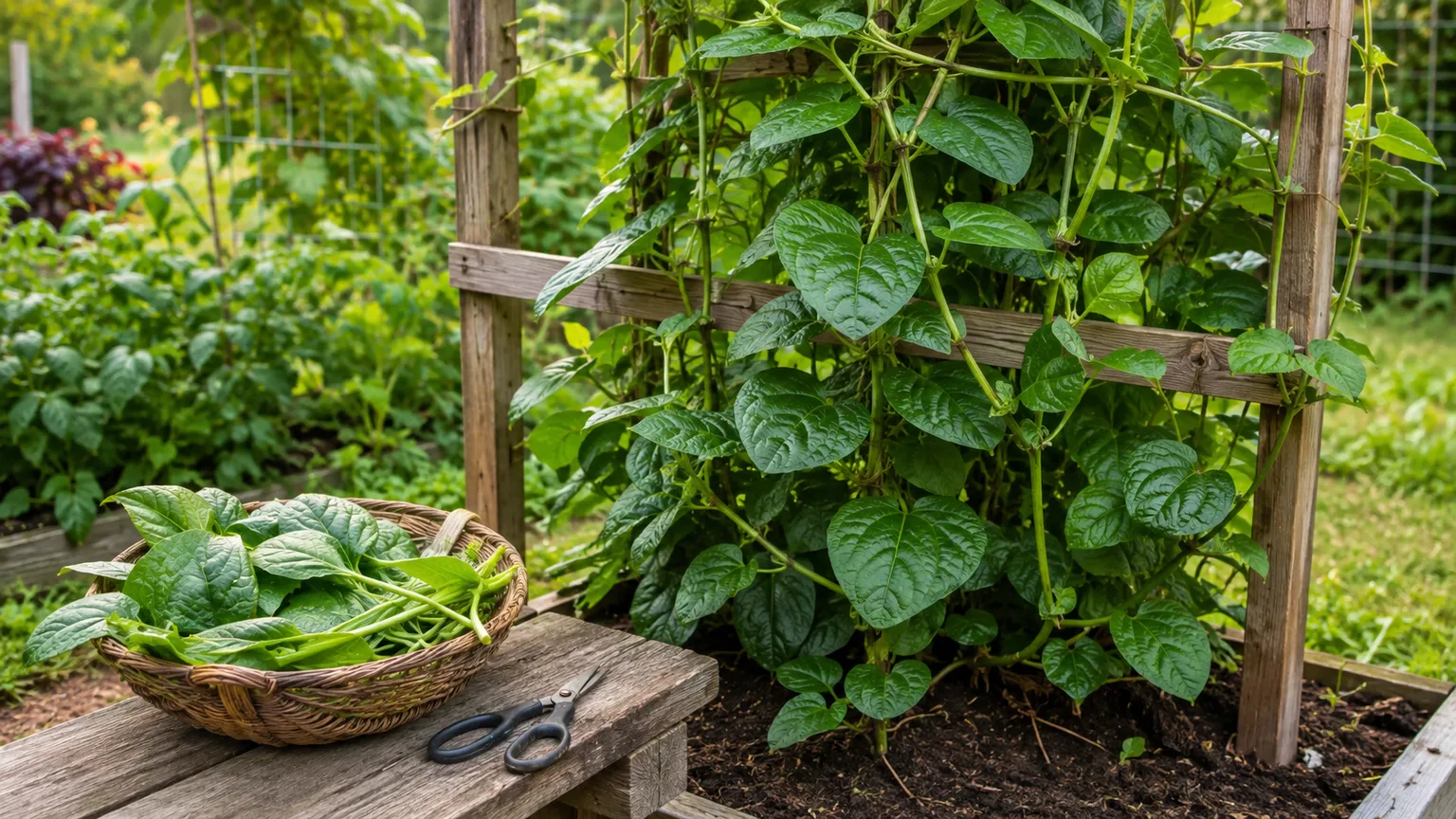 Malabar spinach trained on a sturdy trellis with freshly harvested leaves nearby