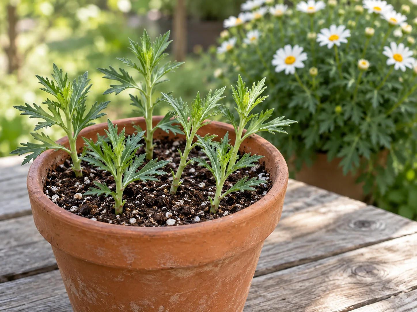 Leafy stem cuttings set upright in a pot of propagation mix.