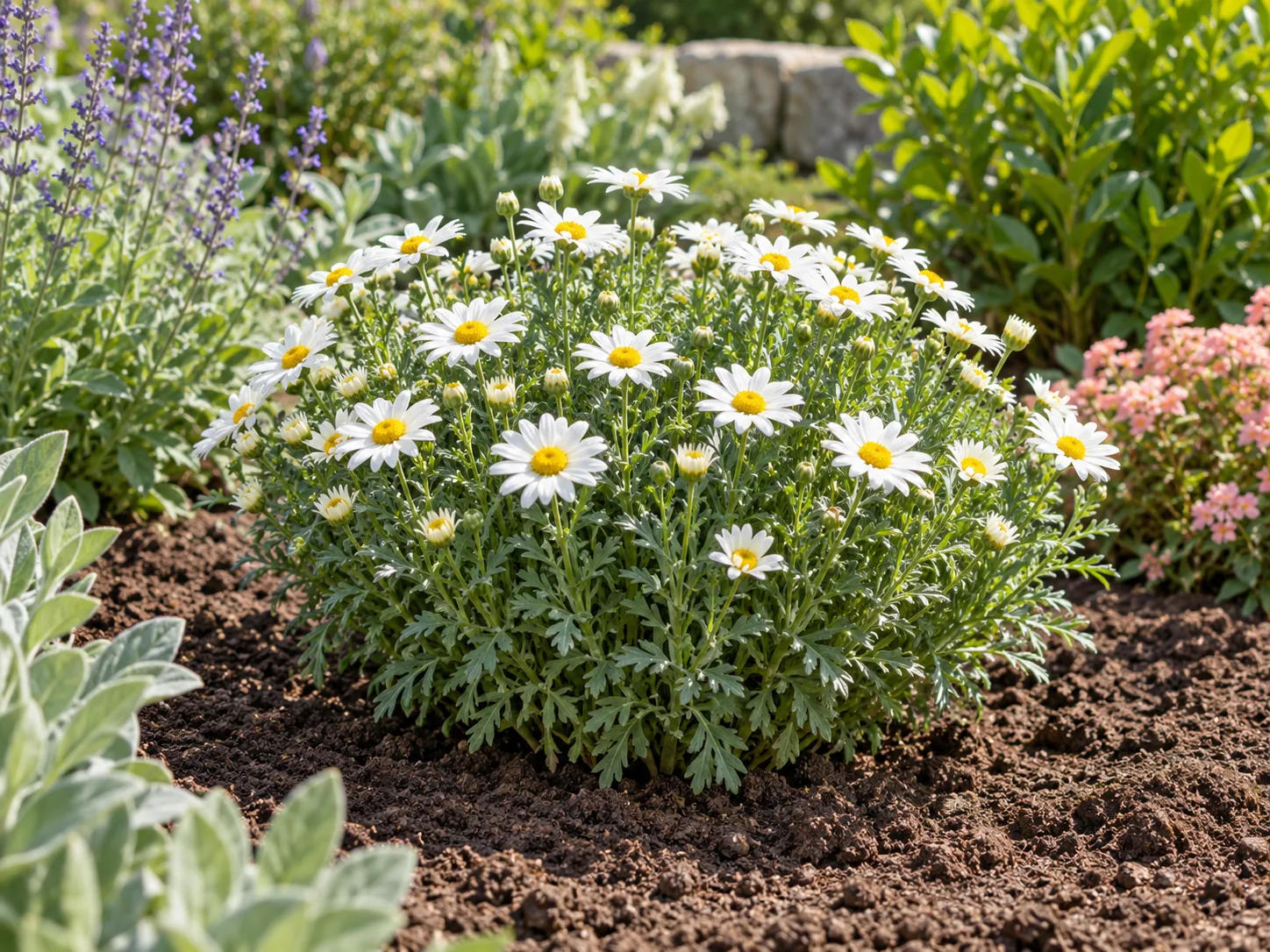 A marguerite daisy planted in a sunny, well-drained garden bed