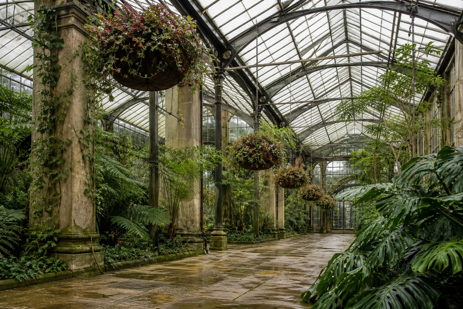 Grand glass botanical conservatory interior with lush tropical plants and hanging flower baskets