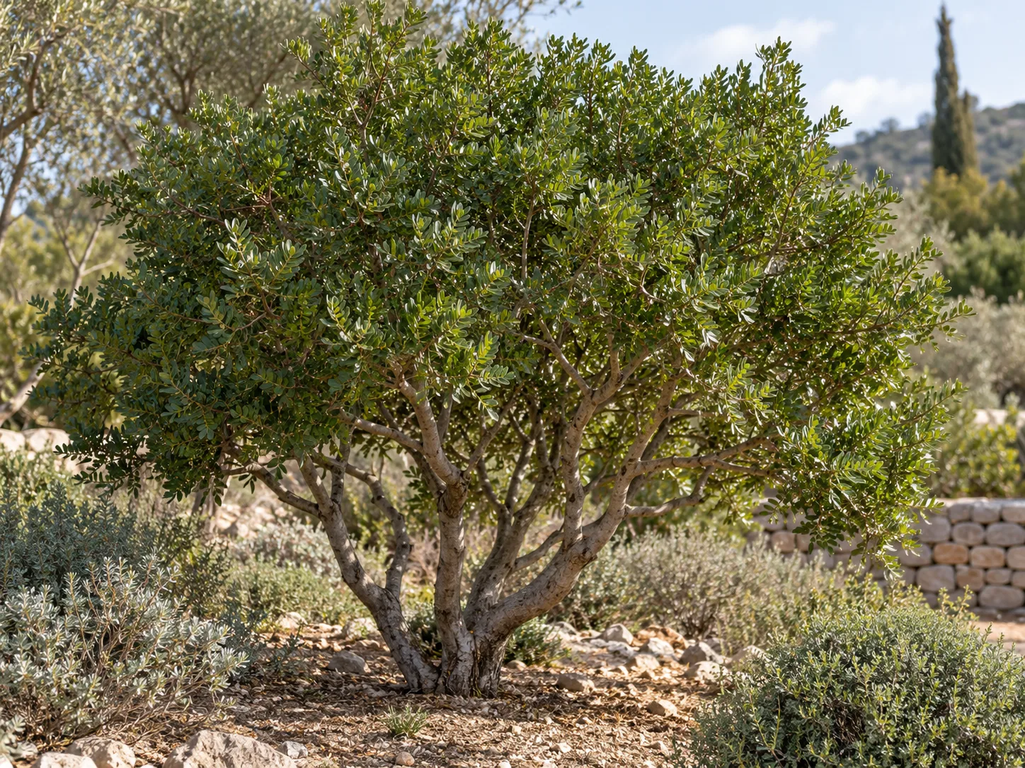 A mature mastic tree with an open multi-stem structure and a naturally rounded canopy