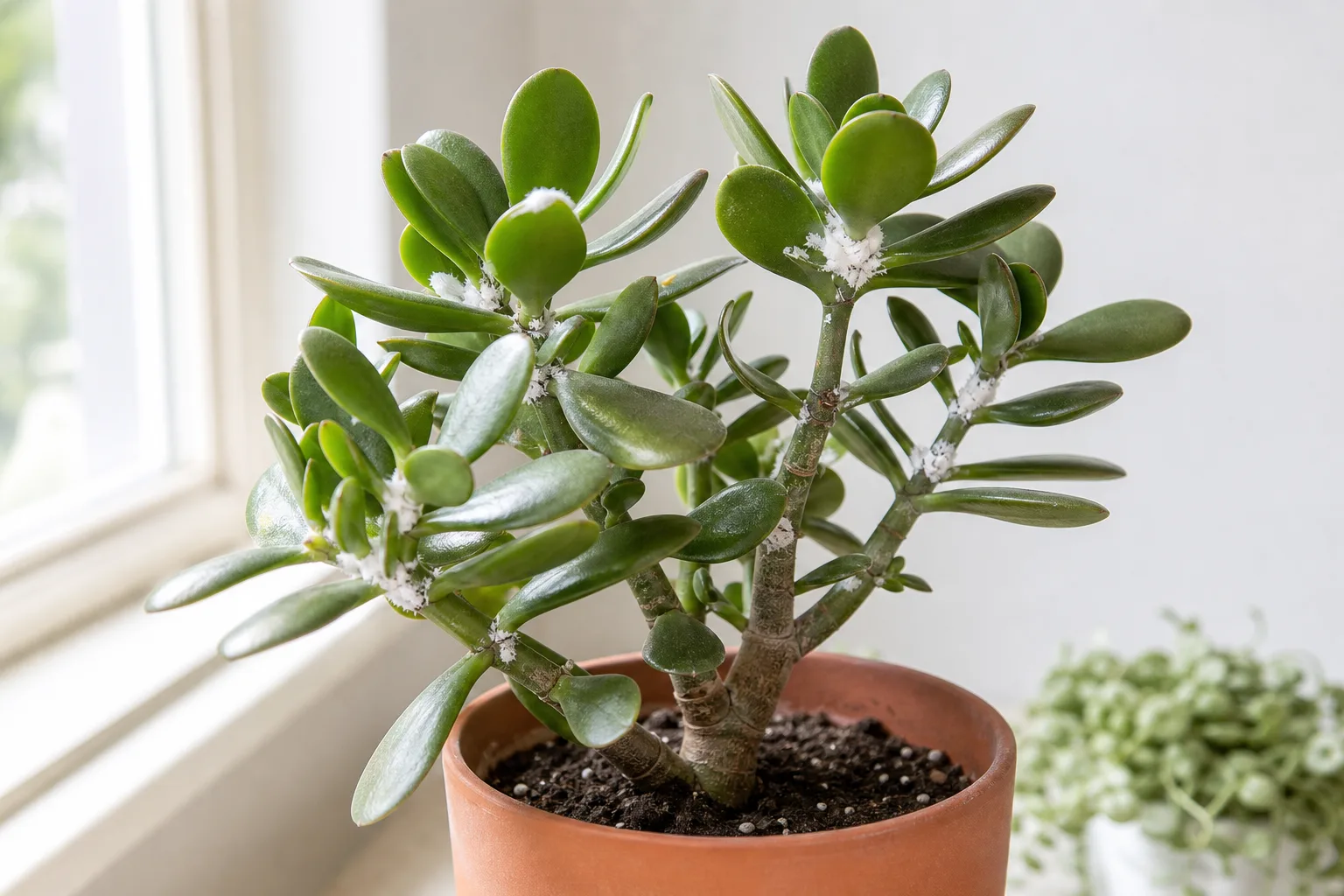 Jade plant with white cottony mealybug clusters at leaf axils on a bright windowsill
