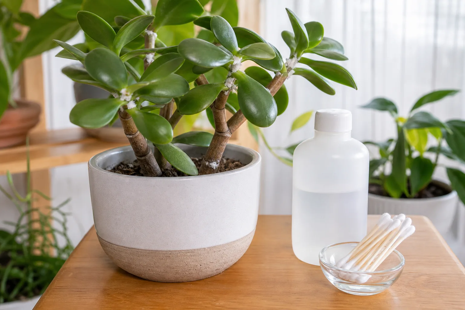 Mealybug treatment setup with rubbing alcohol, cotton swabs, and infested jade plant on a table