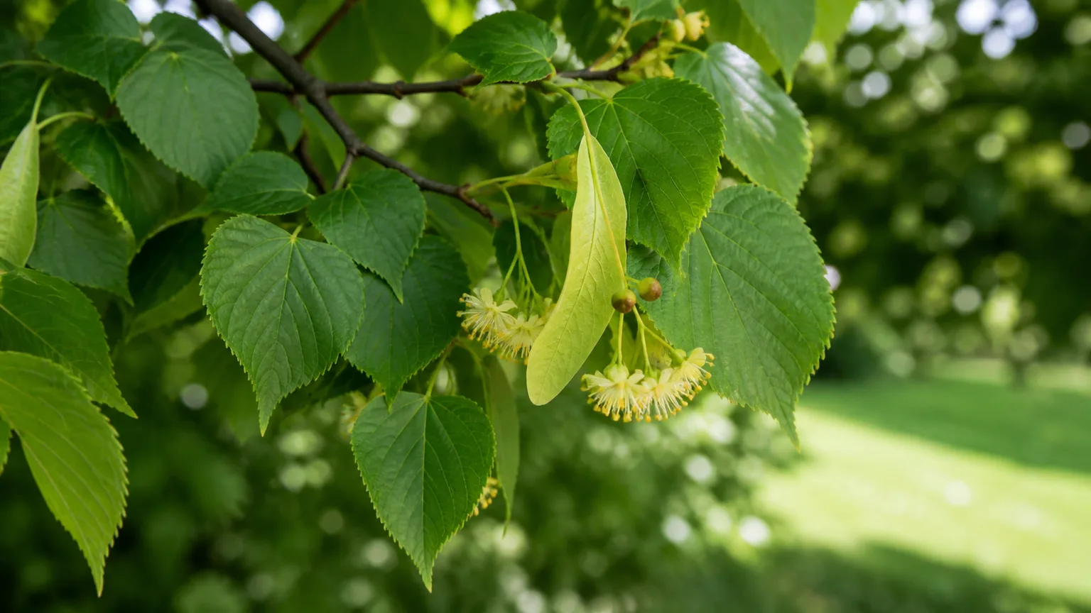 Linden leaves, flowers, bract, and fruit on a healthy branch