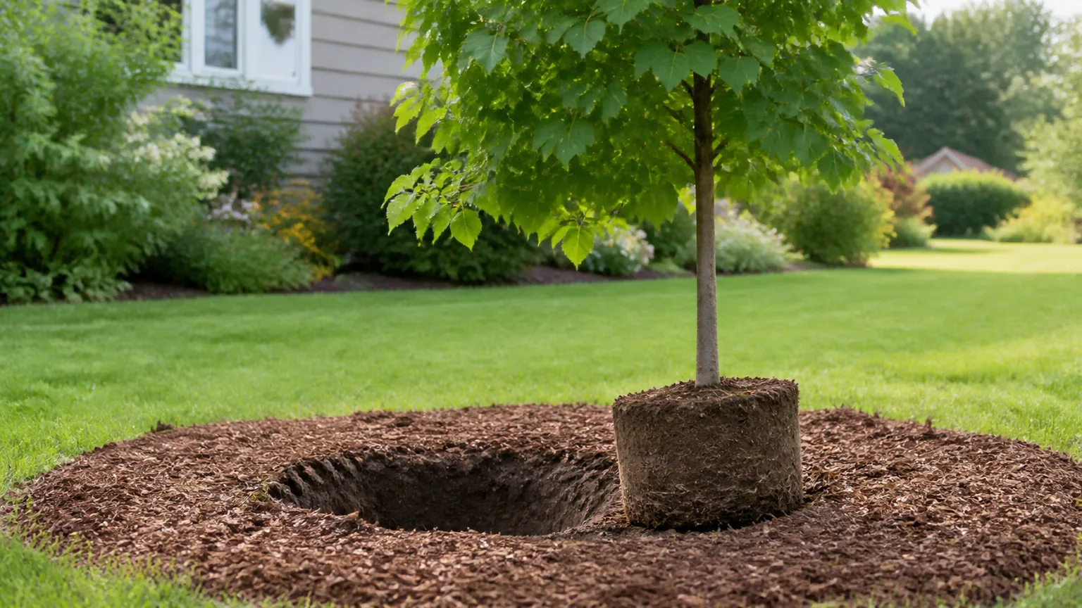 Young linden tree beside a prepared planting hole and mulch ring