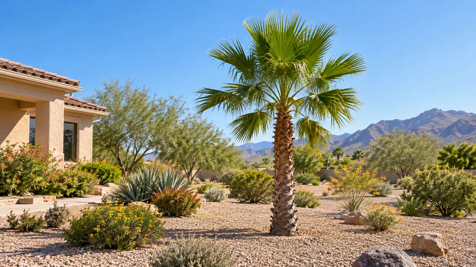 A young Mexican fan palm planted in a spacious, sunny landscape with room from the house and surrounding paths