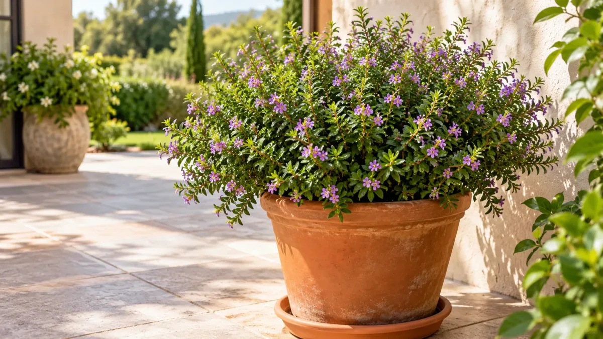 Potted Mexican heather on a sunny patio, ready to move indoors before frost
