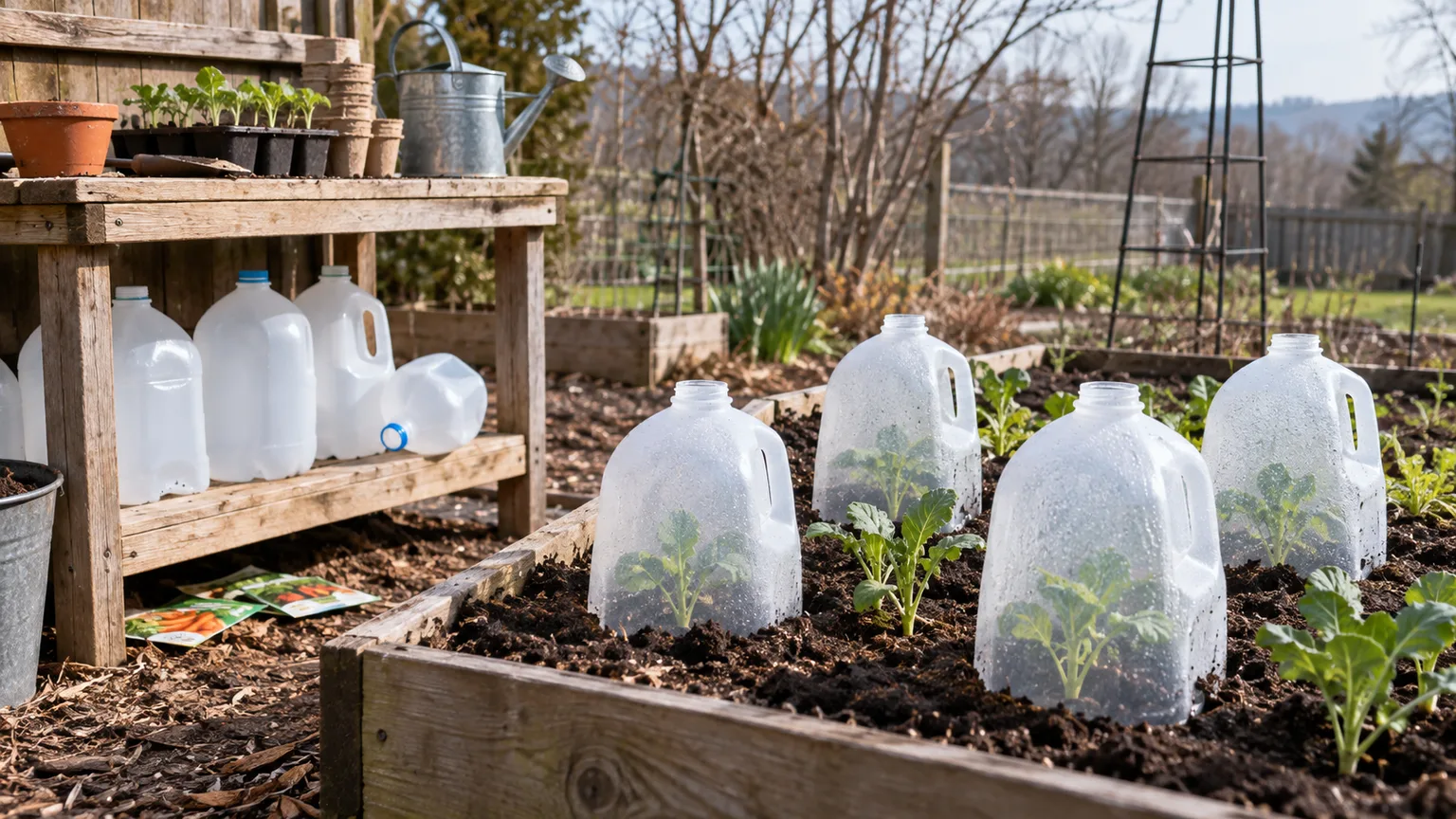 Translucent milk jugs protecting seedlings in an early-spring raised bed