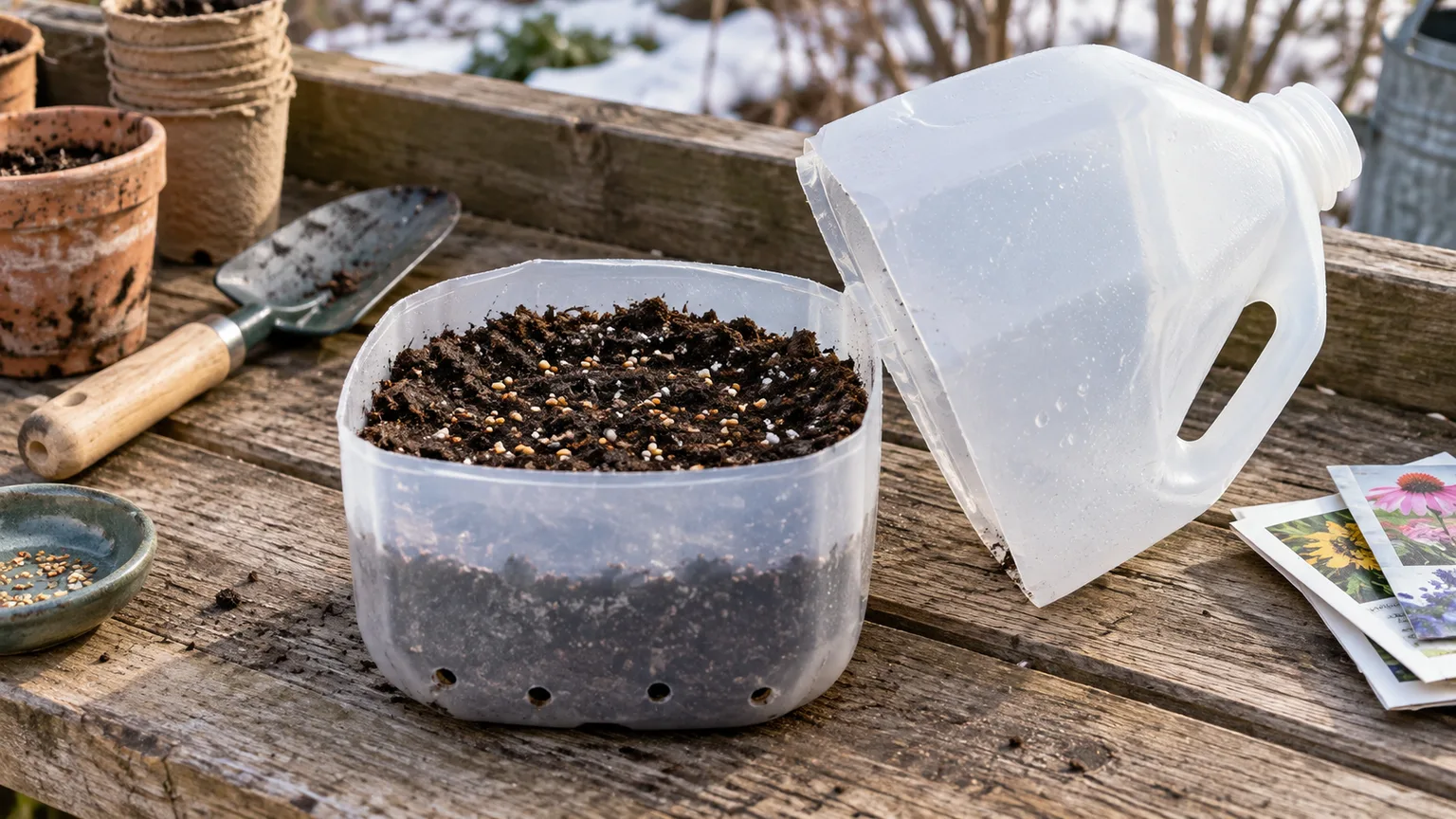 A cut milk jug with damp seed-starting mix and seeds sits open on a garden potting bench