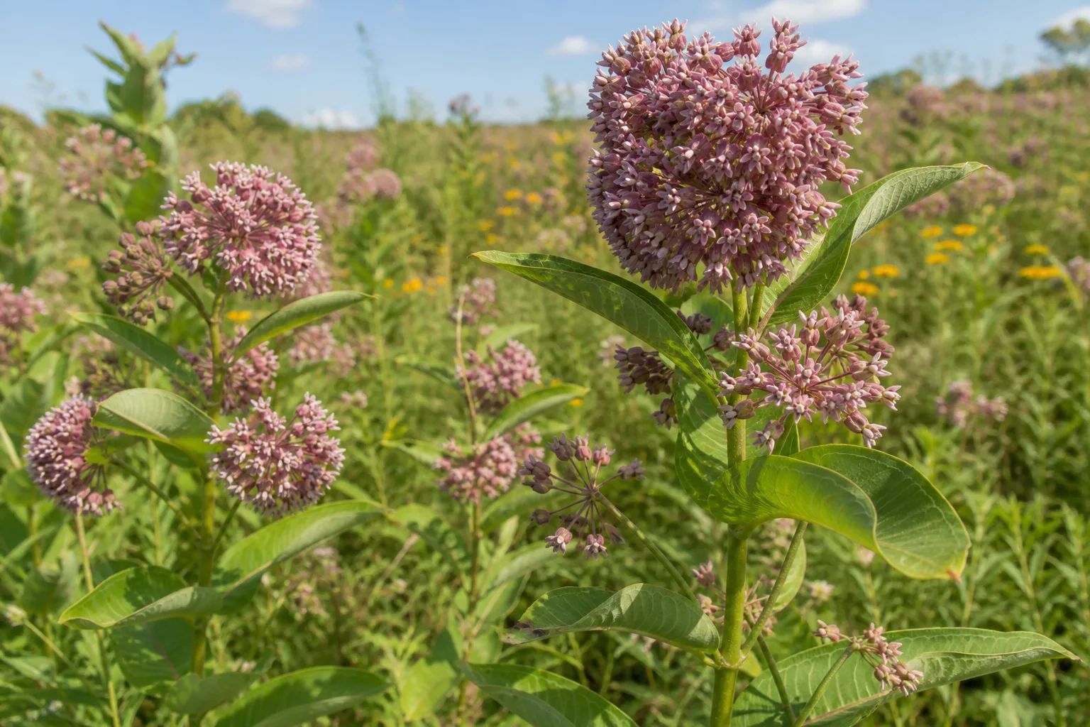 Tall common milkweed stems with spherical clusters of fragrant pink-lavender flowers blooming in a sunny native meadow