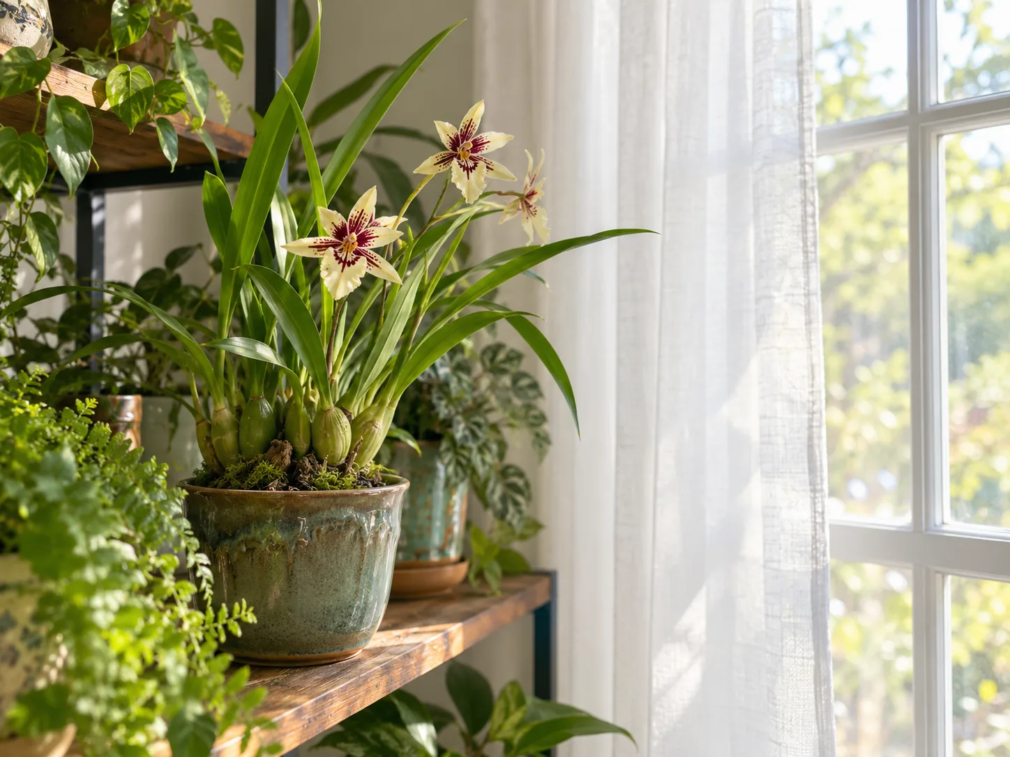A healthy Miltonia orchid in bright, filtered window light