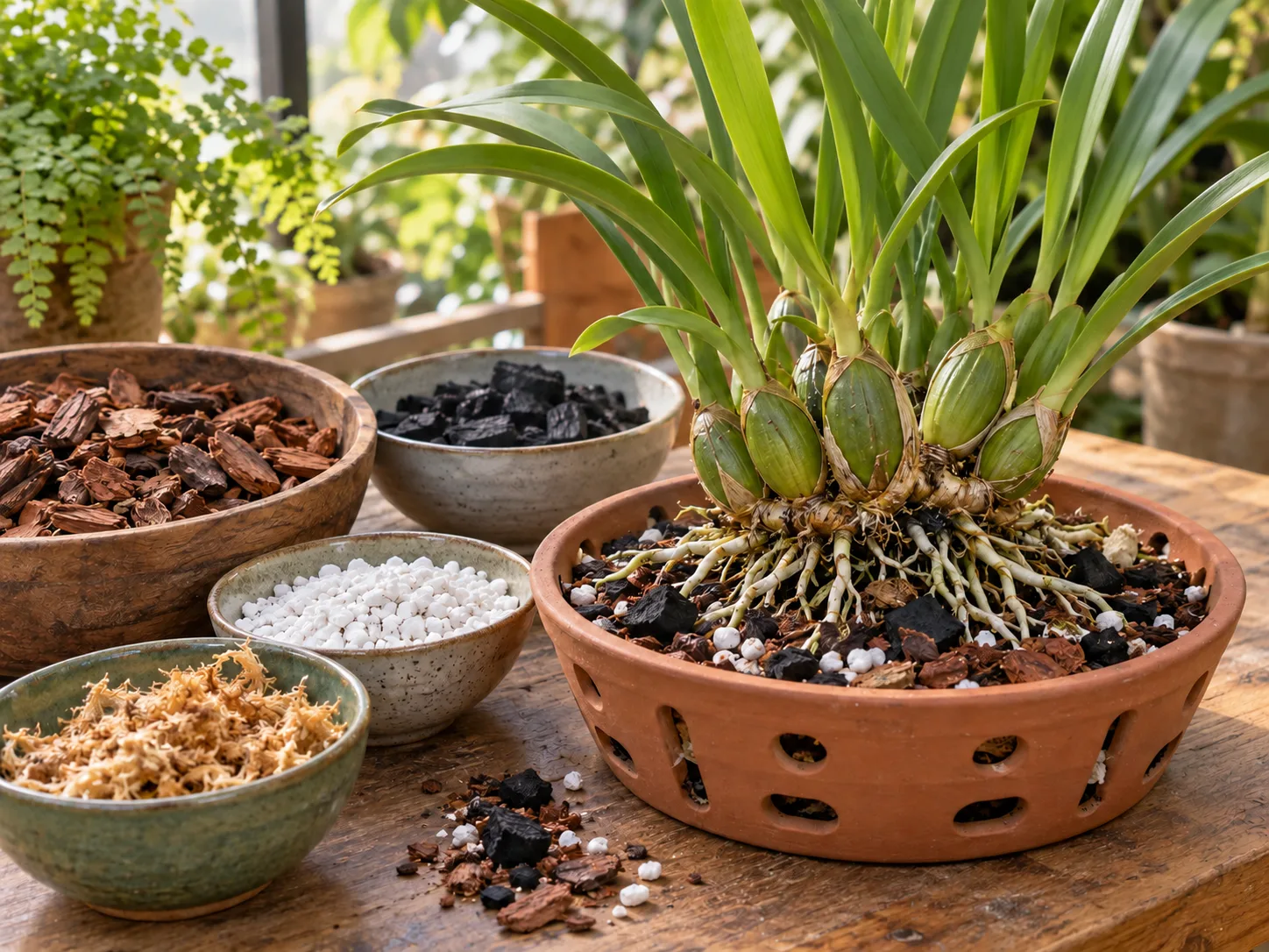 A clumping orchid with pseudobulbs and exposed roots beside examples of airy bark-based potting materials
