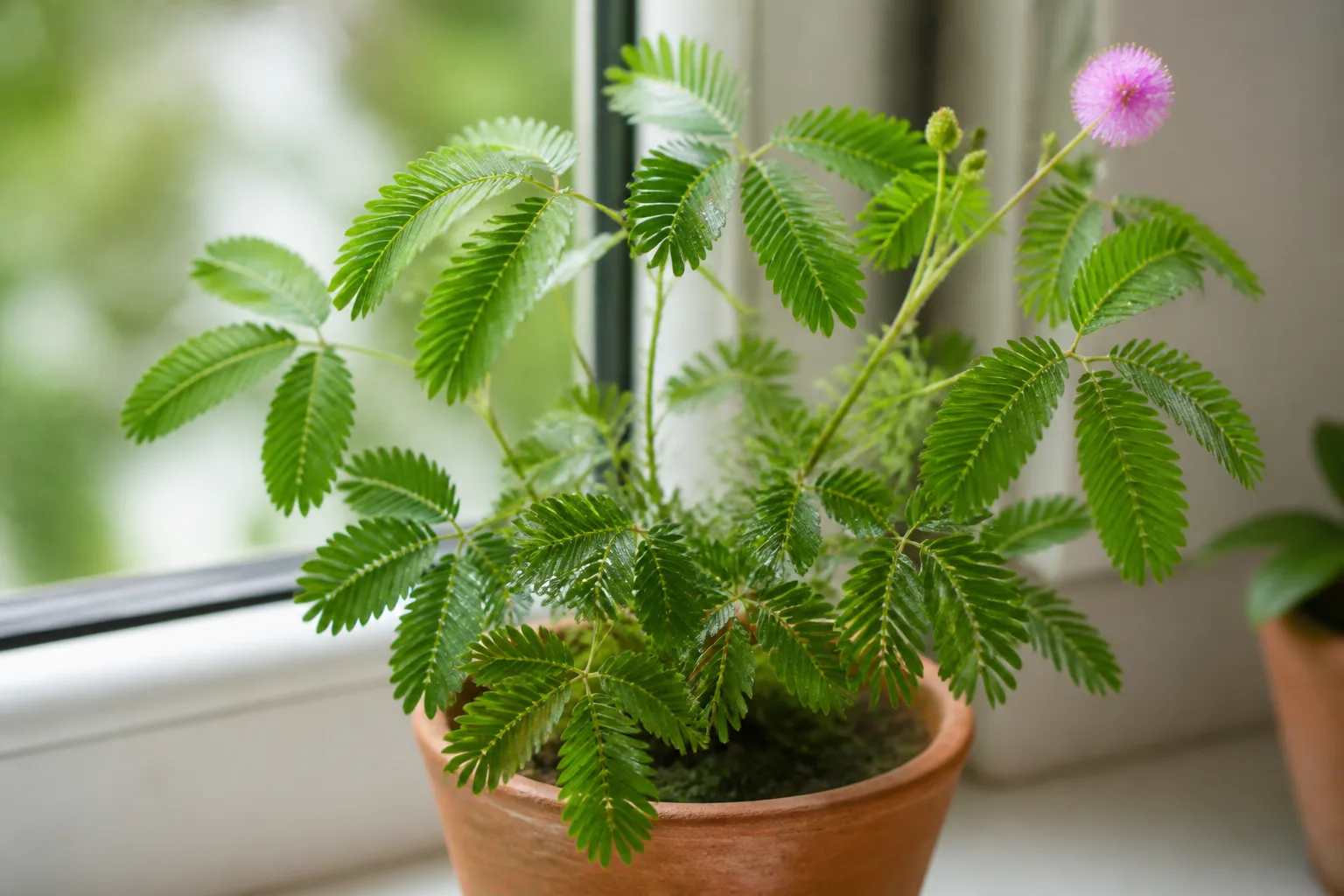 Mimosa pudica sensitive plant with feathery green leaves and a pink pompom flower on a bright windowsill