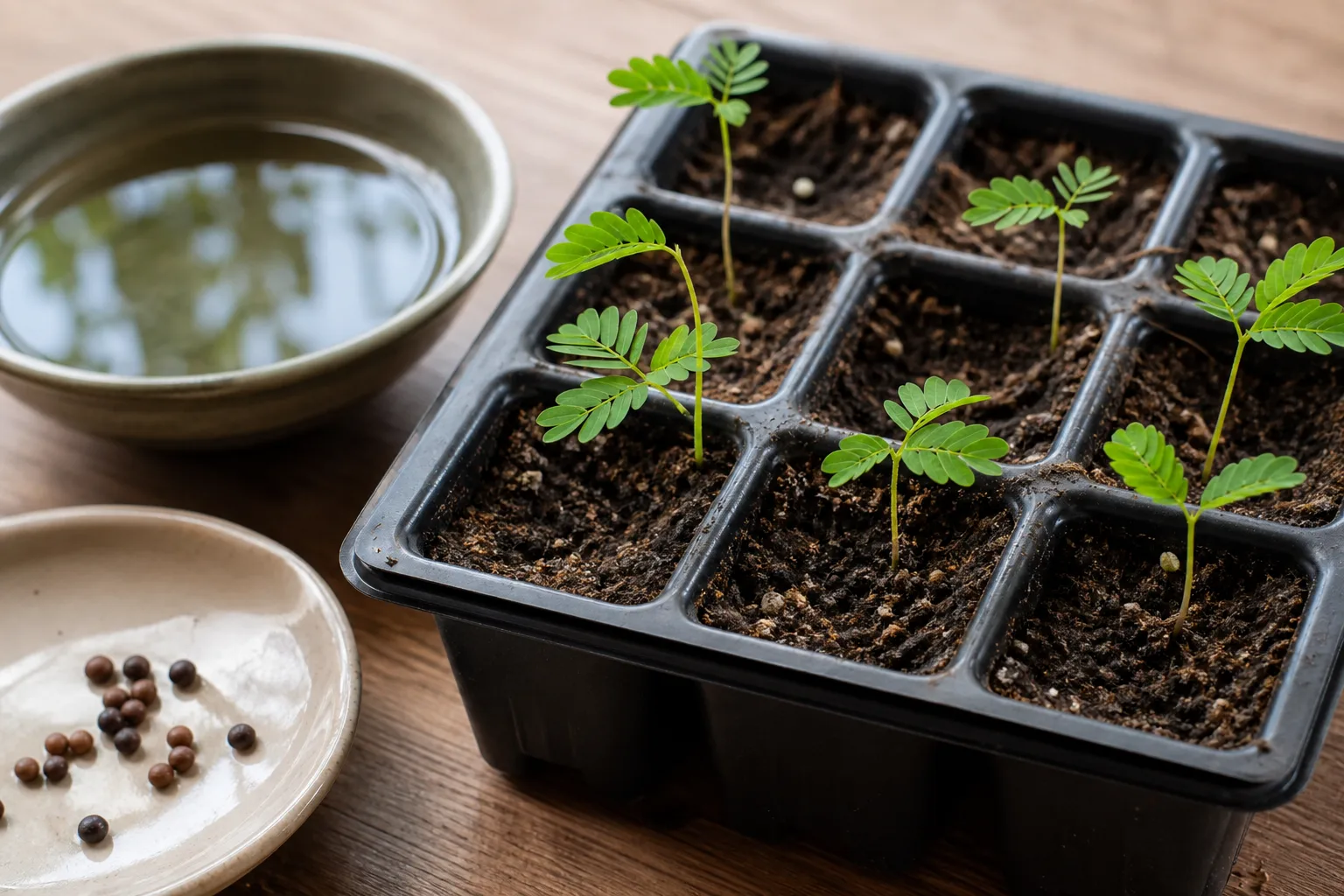 Mimosa pudica seedlings in a seed-starting tray with scarified seeds nearby