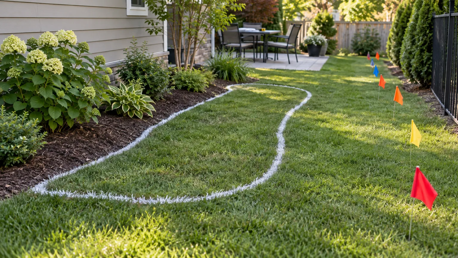A white premark outlines a proposed garden bed while utility flags mark a separate route, showing the work area identified before digging.