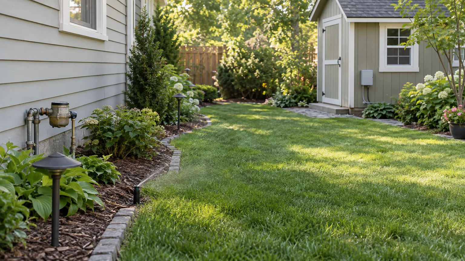 A side yard with a house, detached shed, water meter, and landscape lighting illustrates the private systems a homeowner should identify separately.