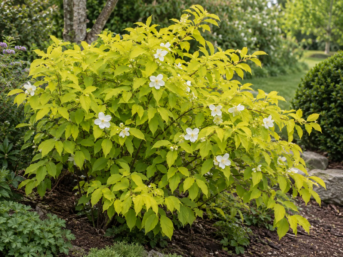 Golden spring foliage and white flowers on mock orange ‘Aureus’