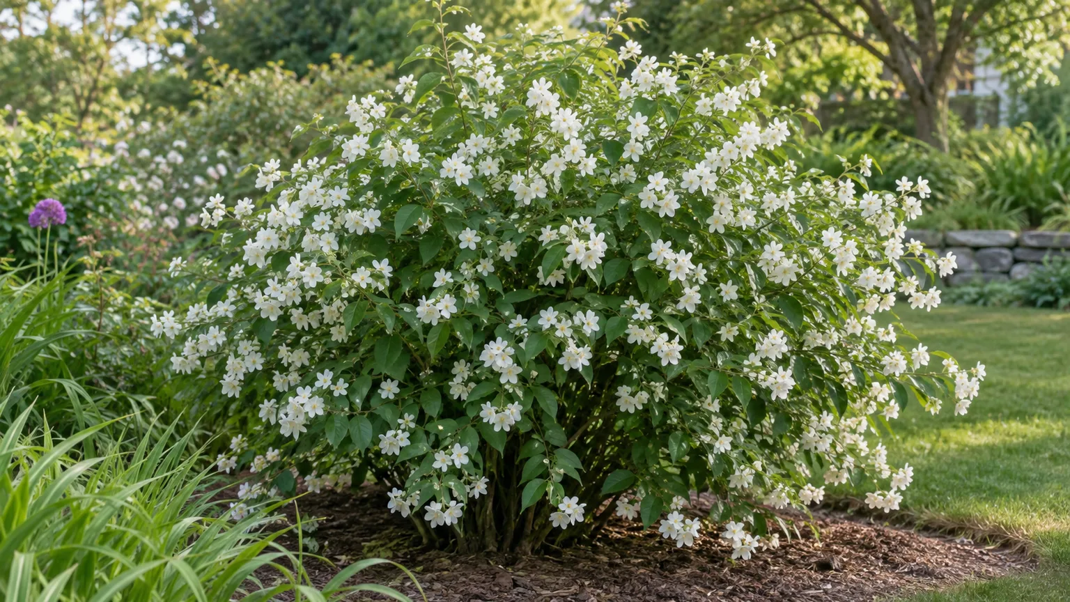 Mock orange shrub covered in white spring flowers in a temperate garden