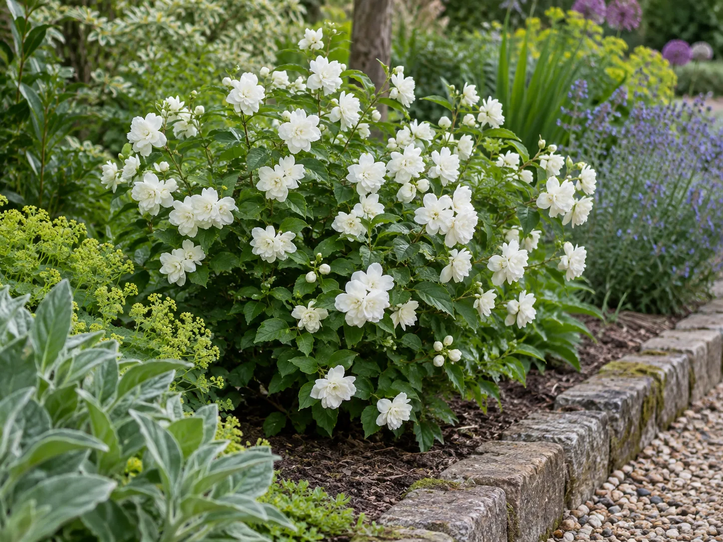 Compact ‘Miniature Snowflake’ mock orange with double white flowers