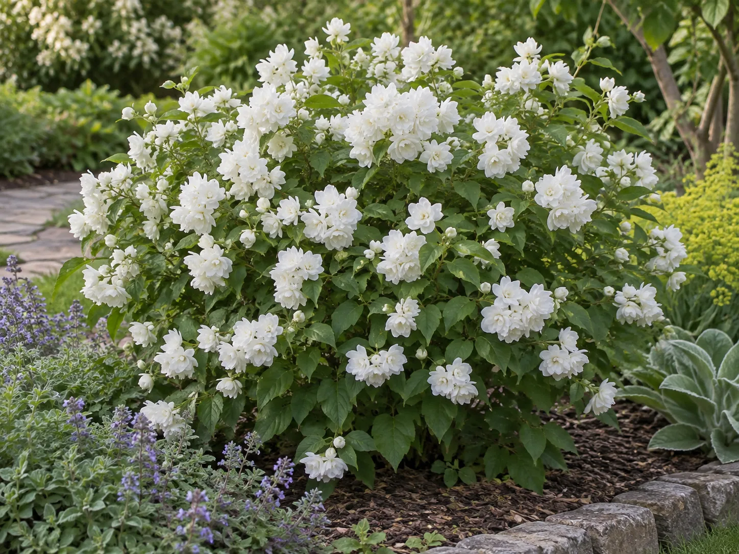 Rounded ‘Snowbelle’ shrub covered in double white spring flowers