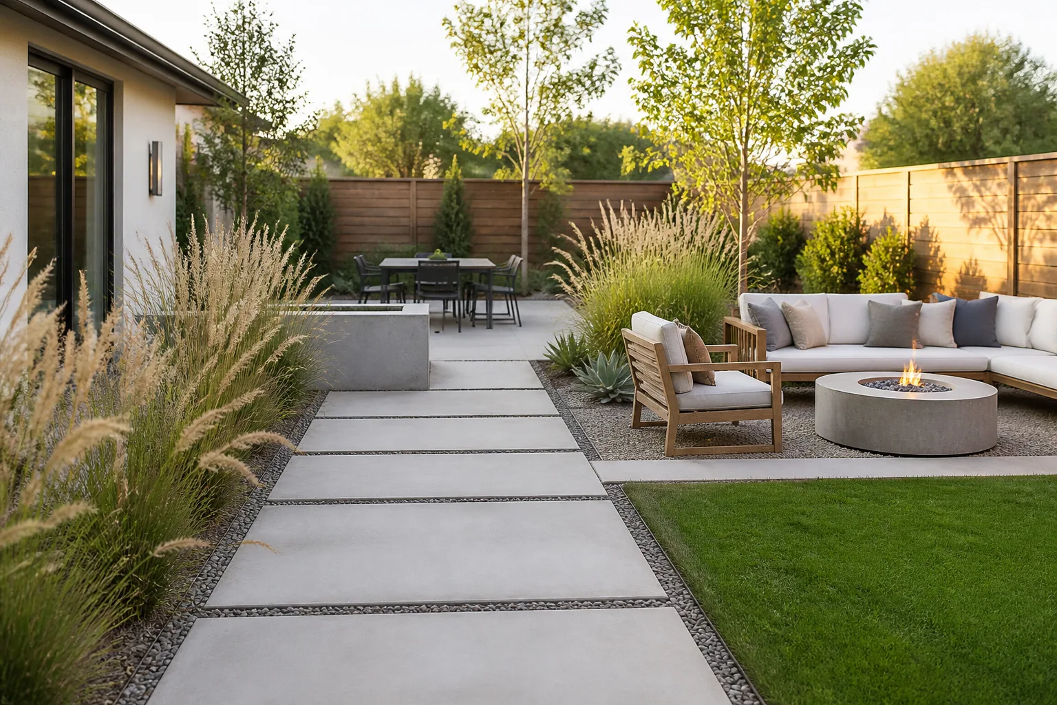 Modern suburban backyard with layered planting beds, gravel paths, and reduced lawn creating a sleek outdoor layout