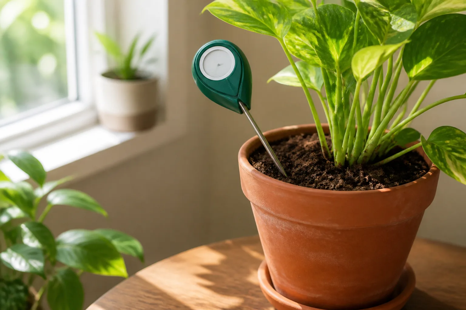 Moisture meter probe and finger-test depth shown beside a houseplant pot