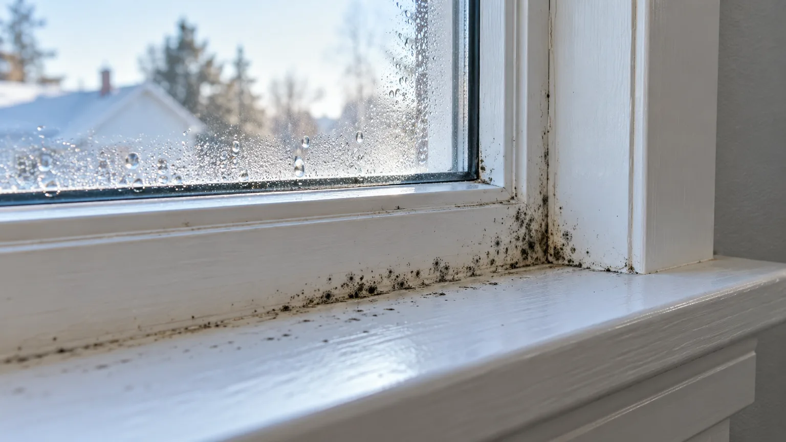 Mold spotting on a white wooden window sill beneath condensation on the glass