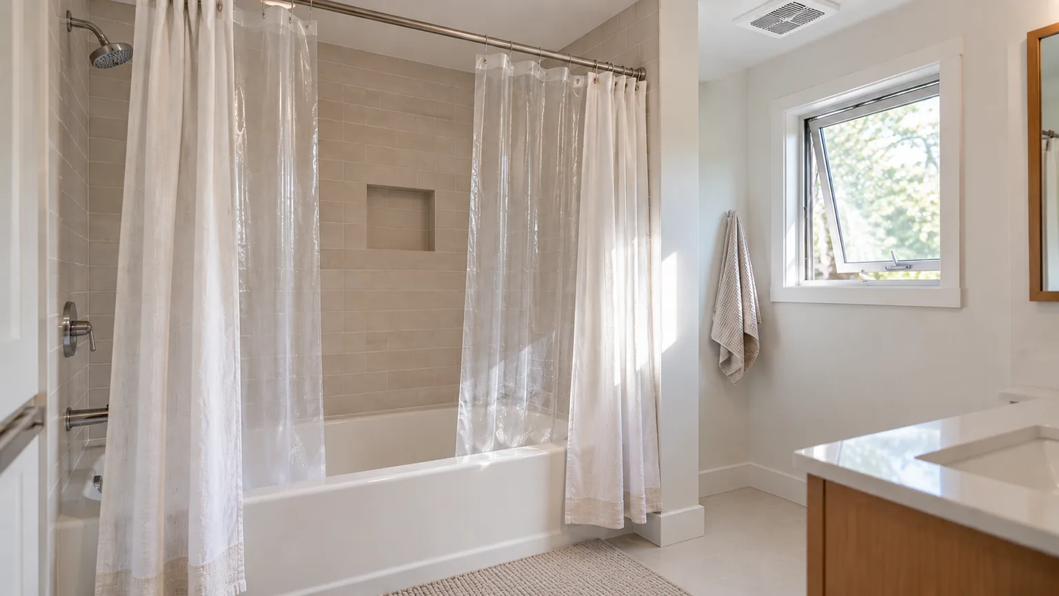 Shower curtain spread open to dry in a bright bathroom with an open window and exhaust fan