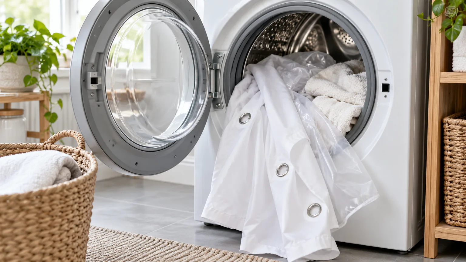 A washable shower curtain and liner arranged in a front-loading washer with towels