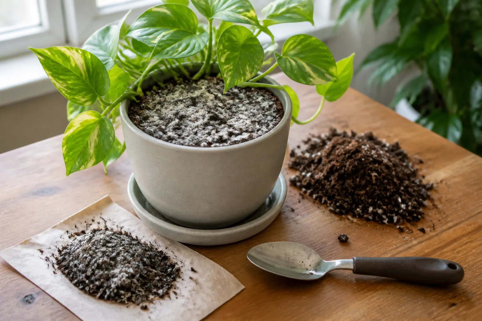 Hands scraping the top centimeter of moldy potting mix from a houseplant pot with a clean spoon