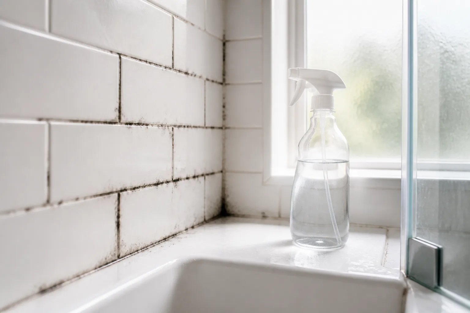 Mold and mildew growing on shower tile and grout in a damp bathroom
