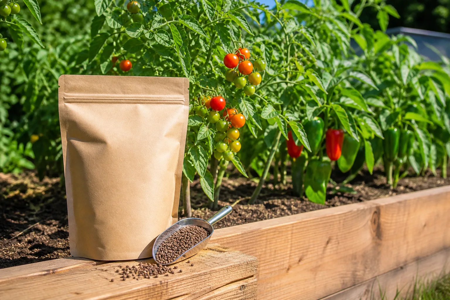 Organic granular fertilizer shaker pouch beside tomato and pepper plants in a sunny raised bed garden