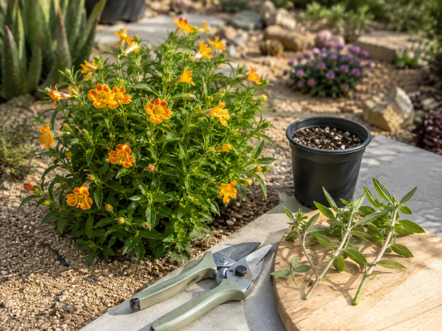 Sticky monkey flower blooming in a dry garden beside pruners, propagation mix, and prepared stem cuttings