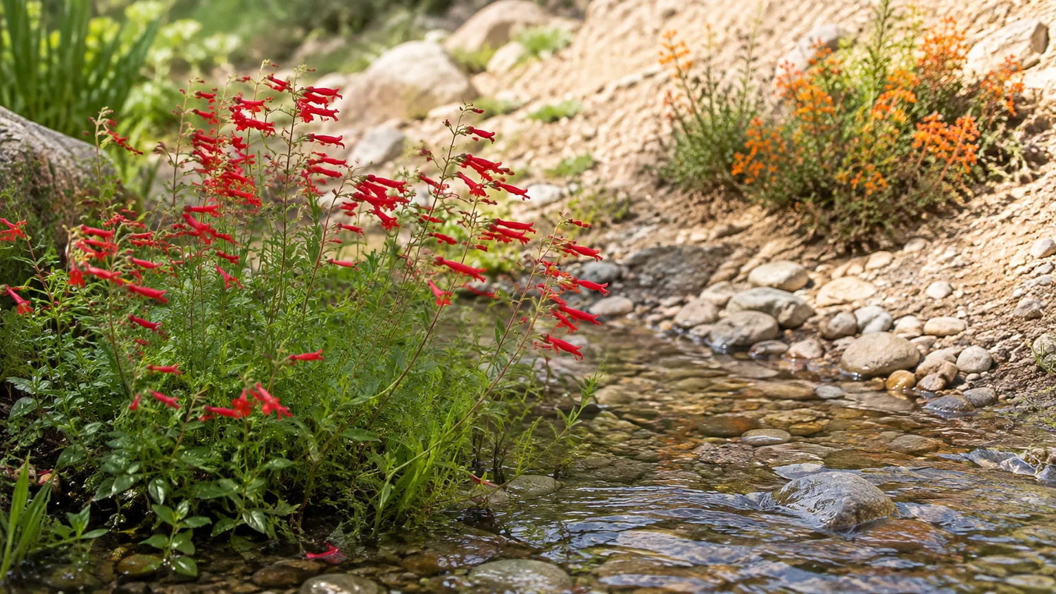 Red scarlet monkeyflowers beside a stream and orange sticky monkeyflowers on a sunny sandy bank
