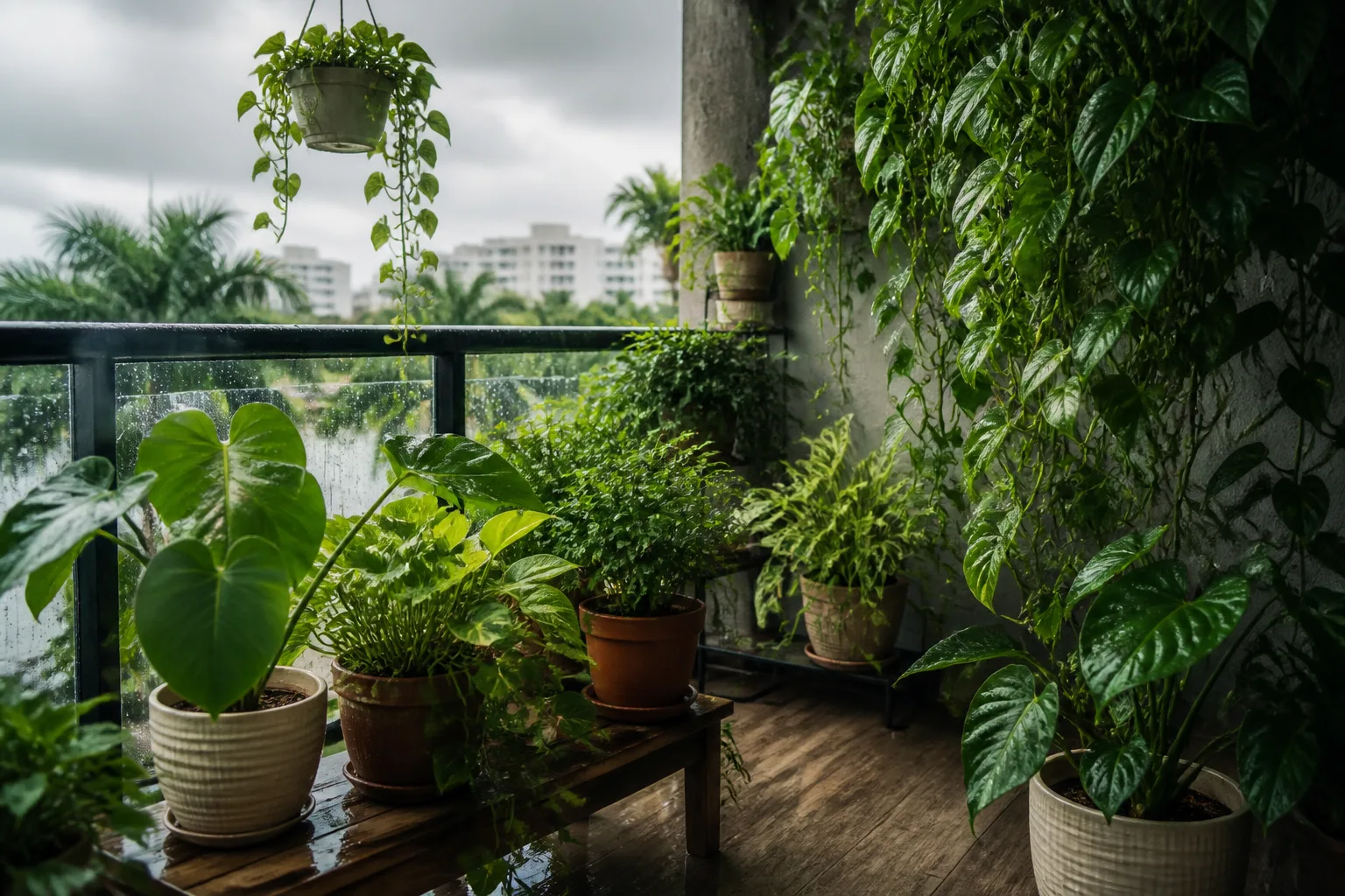 Houseplants on a covered Indian balcony during humid overcast monsoon weather