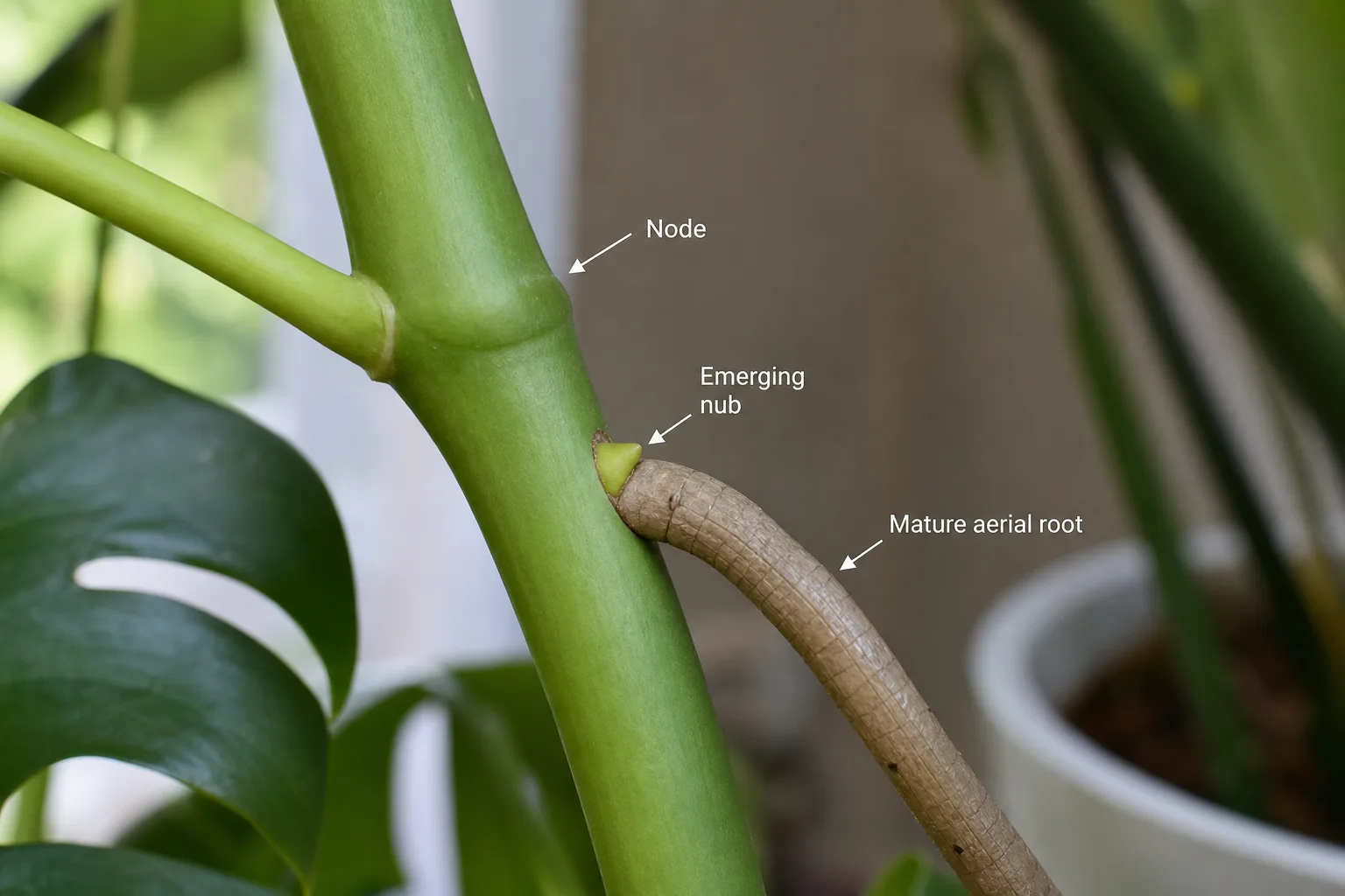Labeled Monstera stem showing node, emerging aerial root nub, and mature cord-like aerial root