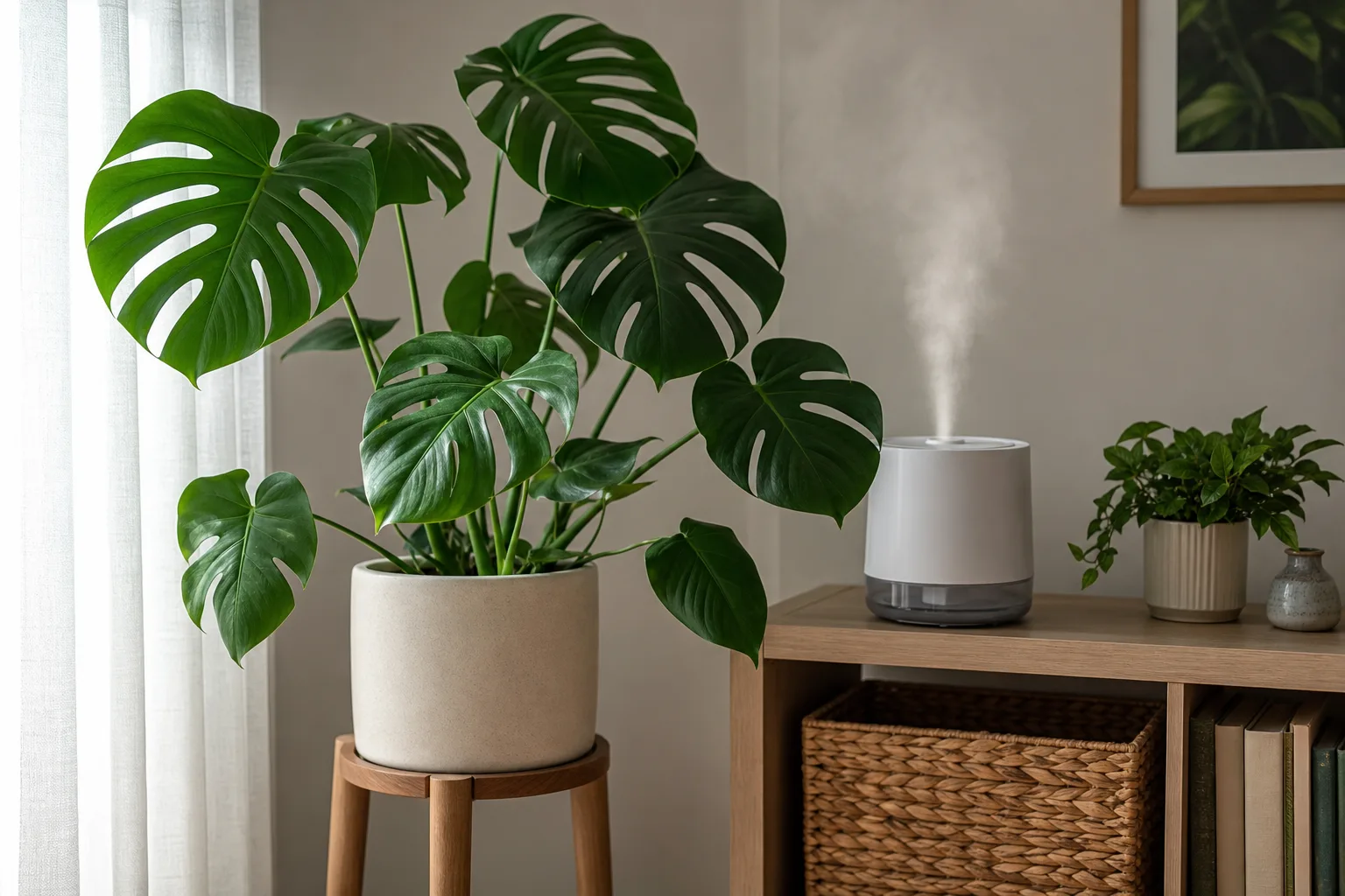 Monstera deliciosa near a small humidifier on a living-room plant stand