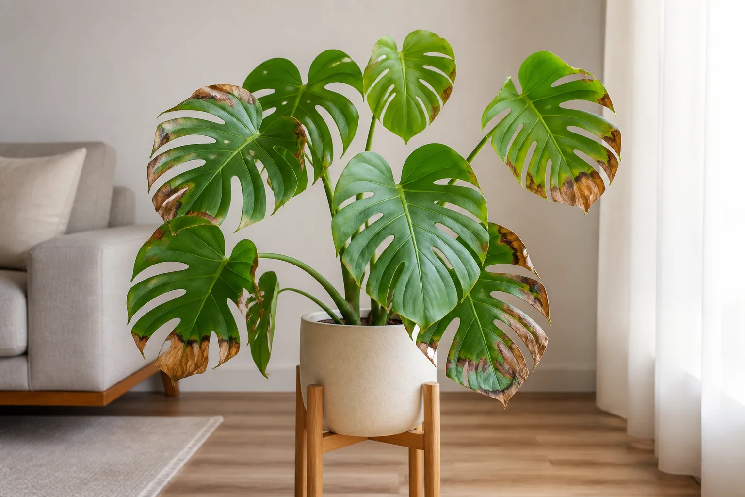 Monstera deliciosa with brown-tipped leaves among healthy green foliage
