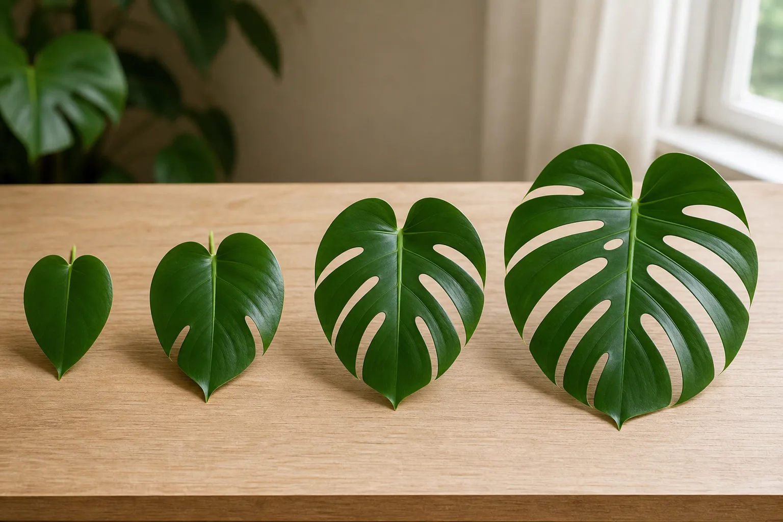 Four Monstera deliciosa leaves arranged left to right showing fenestration progression from solid juvenile to mature splits