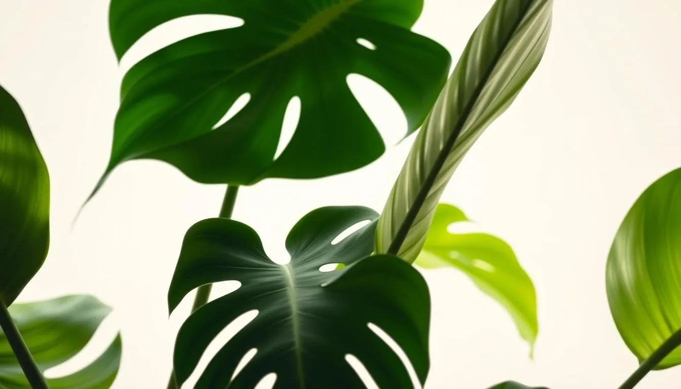 Monstera deliciosa leaves on a moss pole showing the progression from solid juvenile foliage to mature fenestrated splits and interior holes
