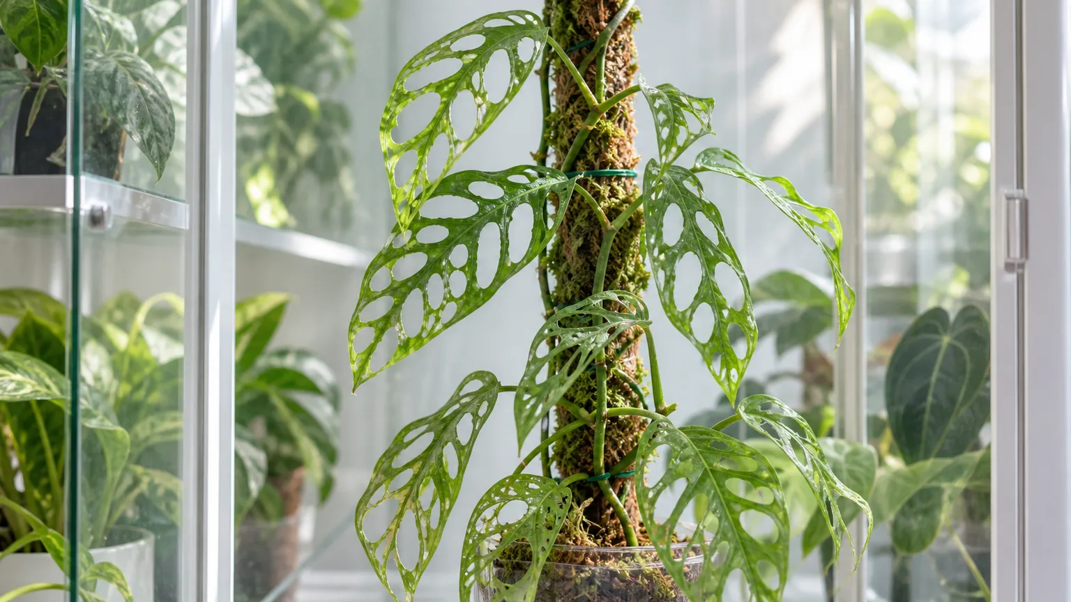 Healthy Monstera obliqua with thin, heavily fenestrated leaves in a bright indoor cabinet