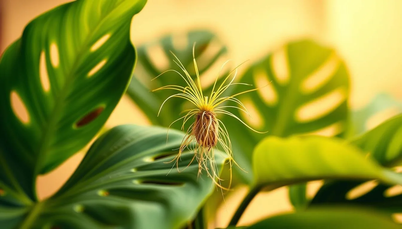 A Monstera stem section with an aerial root emerging from the node, showing the anatomy to look for before cutting