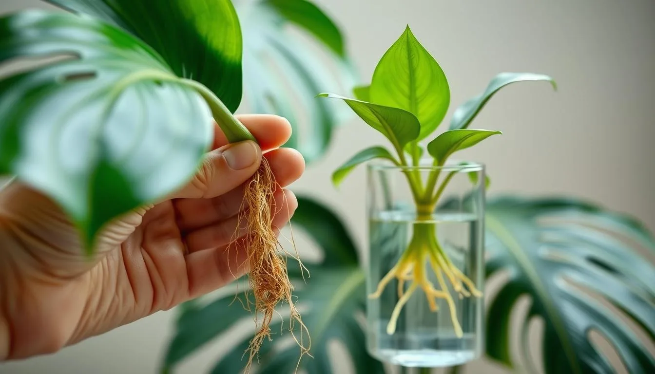 A node-bearing Monstera cutting with emerging roots beside a glass propagation vessel