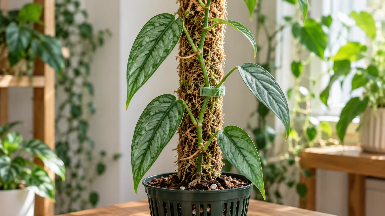 Young Monstera siltepecana with silvery juvenile leaves secured to a moss pole