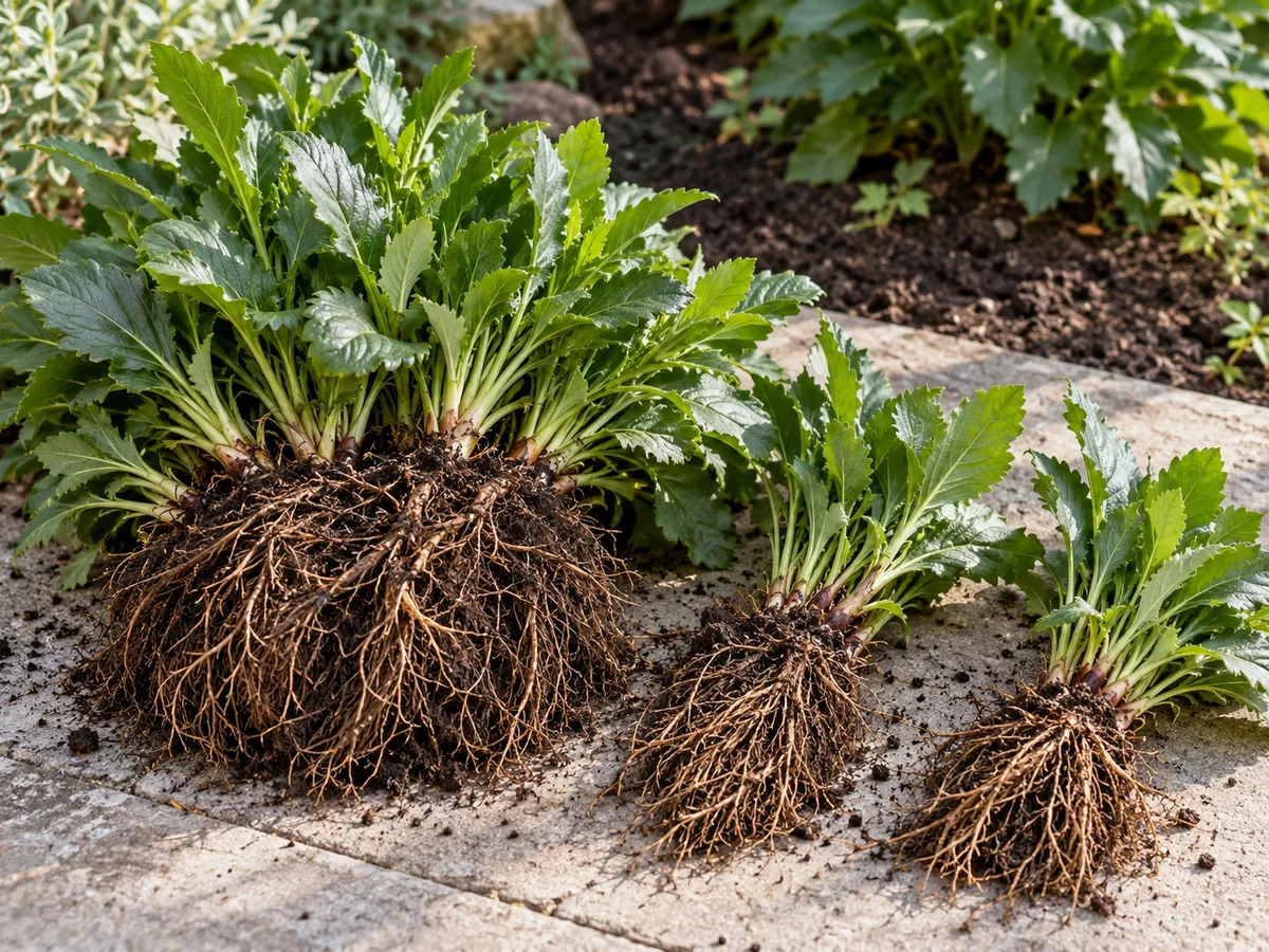 A mature Nippon daisy clump lifted and separated into smaller divisions with healthy roots and shoots attached.