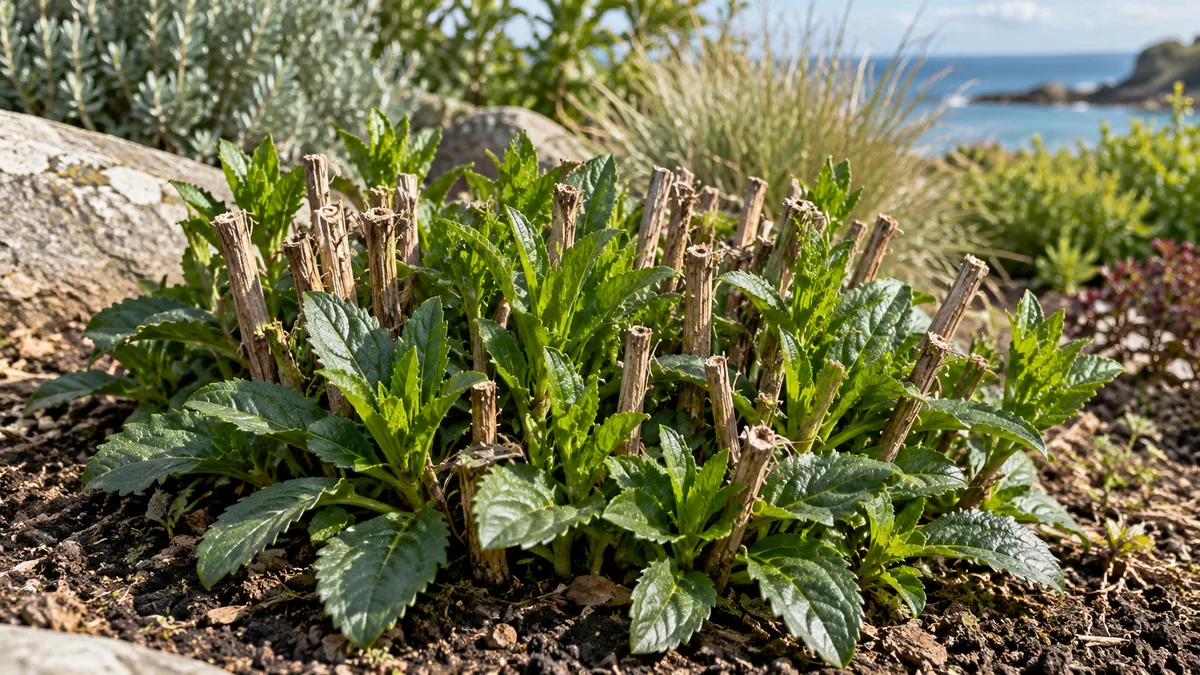 Nippon daisy clump after a light spring trim, with fresh basal shoots emerging among shortened old stems.