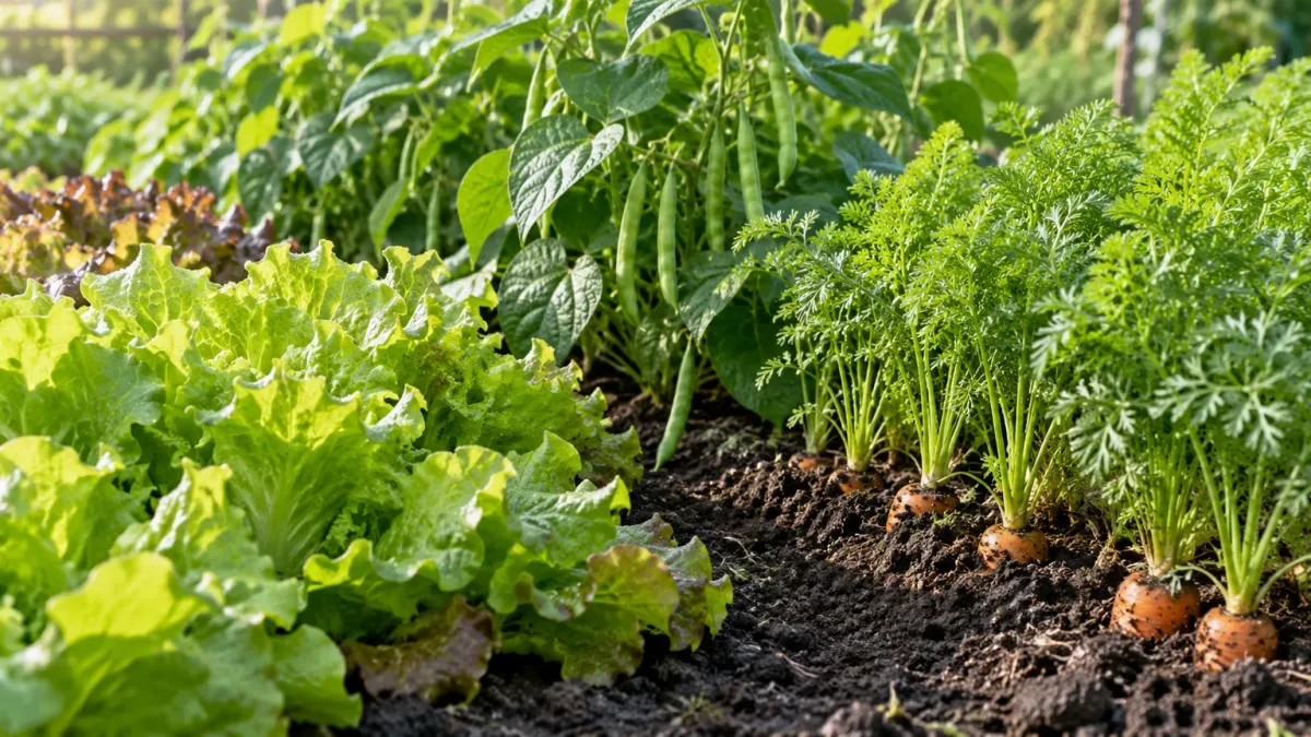 Leafy crops and carrots growing in neighboring rows of an outdoor garden bed