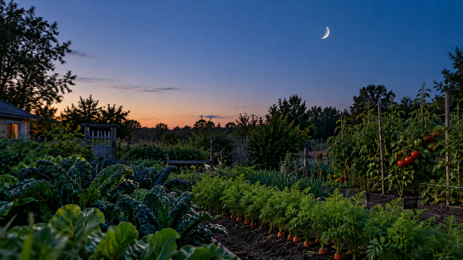 Garden beds beneath a crescent moon at dusk